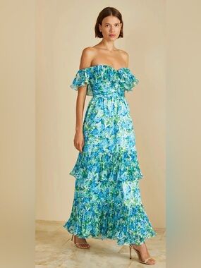 AMUR Pia Pleated Midi Dress – Garden Blues – Size 4